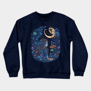 Cute Girl in the Woods at Night Time Crewneck Sweatshirt